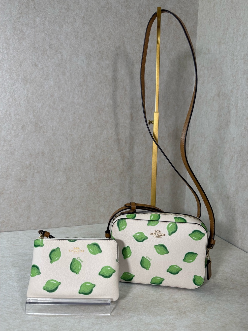 Coach Green Lime Print Mini Camera Crossbody Bag & Matching Wristlet-New-Chalk